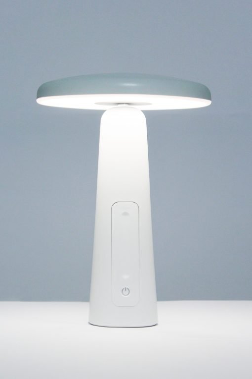 een high key afbeelding van een fel schijnende minimale bureaulamp in het wit, verkocht door Vibrant LED Lights